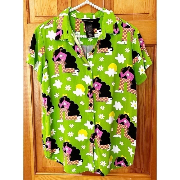 Nooworks Joyce Button Up Top Checkered Ladies Sz L Green Retro Short Sleeve - Picture 1 of 8